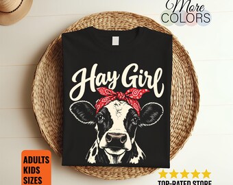 Hay Girl Shirt, Funny Cow Lover Gift, Red Bandana Bow Tee, Dairy Cattle Graphic, Country Woman Birthday, Farm Life, Southern Farmhouse Style