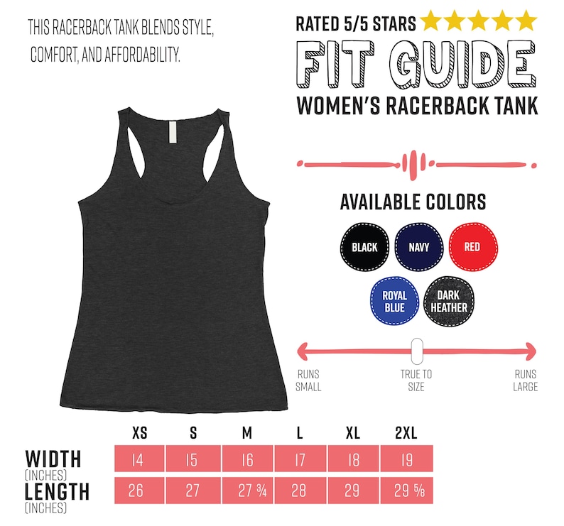 May include: A dark heather gray racerback tank top. The image includes a fit guide with available colors: black, navy, red, royal blue, and dark heather. The tank top's width ranges from 14 to 19 inches, and the length ranges from 26 to 29 5/8 inches.