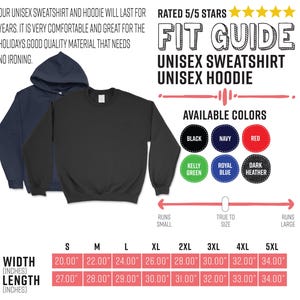 May include: A black unisex sweatshirt and a navy blue hoodie are displayed, showcasing available colors and a fit guide. The image includes size measurements in inches, ranging from S to 5XL, with widths from 20.00" to 34.00" and lengths from 27.00" to 34.00".