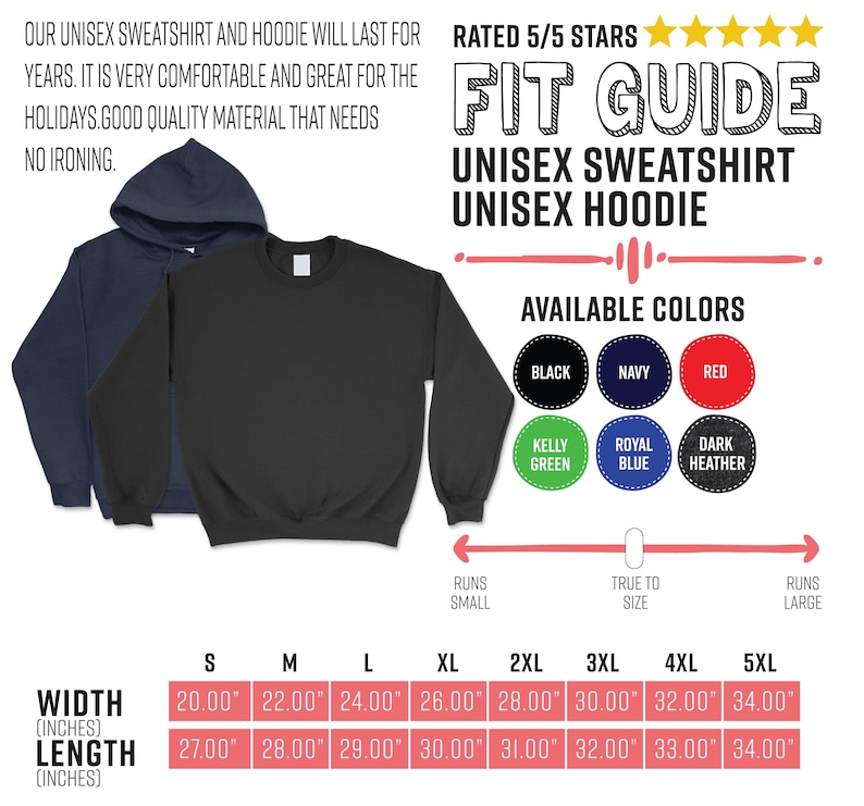 May include: A black unisex sweatshirt and a navy blue hoodie are displayed, showcasing available colors and a fit guide. The image includes size measurements in inches, ranging from S to 5XL, with widths from 20.00" to 34.00" and lengths from 27.00" to 34.00".