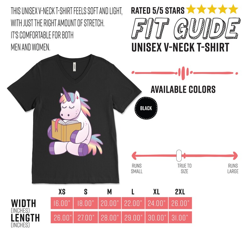 Pode incluir: Camiseta unissex preta com decote em V com um unic&oacute;rnio de desenho animado lendo um livro. A camiseta inclui o texto "THIS UNISEX V-NECK T-SHIRT FEELS SOFT AND LIGHT, WITH JUST THE RIGHT AMOUNT OF STRETCH. IT'S COMFORTABLE FOR BOTH MEN AND WOMEN." Dispon&iacute;vel nos tamanhos XS a 2XL.
