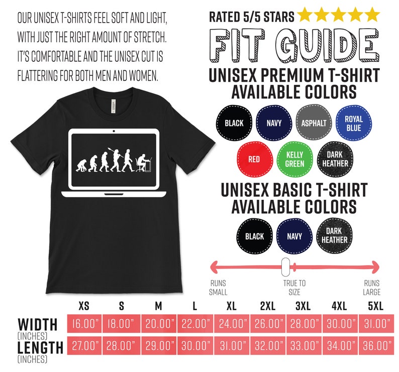 May include: Black unisex t-shirt featuring a white graphic of human evolution within a laptop screen. The shirt includes a fit guide and colour options. Width measurements range from 40.64 to 78.74 cm, and length measurements range from 68.58 to 91.44 cm.