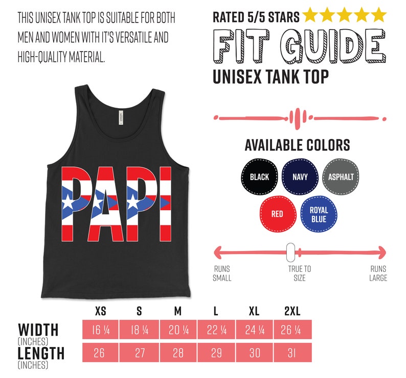 May include: Black unisex tank top with the word "PAPI" in red, white, and blue. The text is designed with the Puerto Rican flag colors and stars. The image includes a fit guide and available colors.
