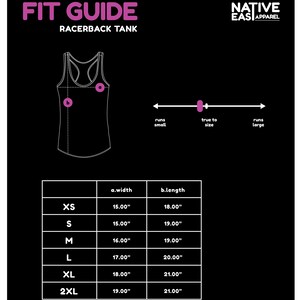 May include: Black graphic showing a racerback tank fit guide with measurements in inches. The guide includes width and length measurements for sizes XS to 2XL. The text "FIT GUIDE RACERBACK TANK" is at the top, with the Native Eas Apparel logo in the upper right.