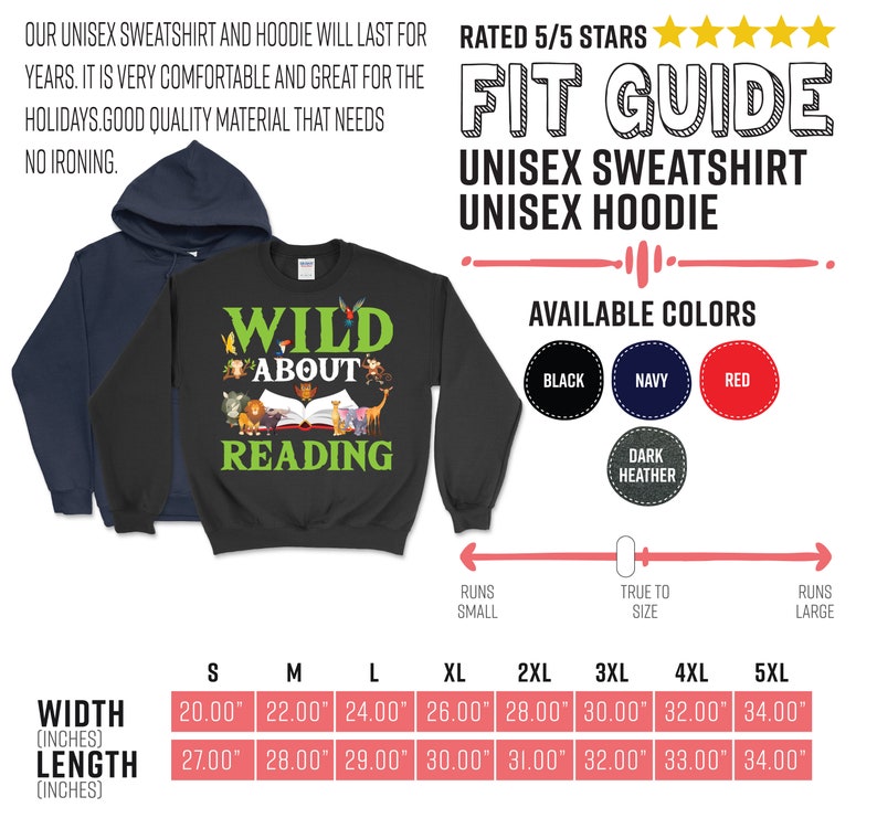 Puede incluir: Tabla de tallas para sudadera y sudadera con capucha unisex con medidas en pulgadas. La tabla muestra el ancho y la longitud de la sudadera y la sudadera con capucha en las tallas S, M, L, XL, 2XL, 3XL, 4XL y 5XL. La sudadera tiene un fondo negro con un gr&aacute;fico de un libro con animales leyendo. El texto en la sudadera dice "Wild About Reading". La tabla tambi&eacute;n muestra los colores disponibles: negro, azul marino, rojo y gris oscuro.