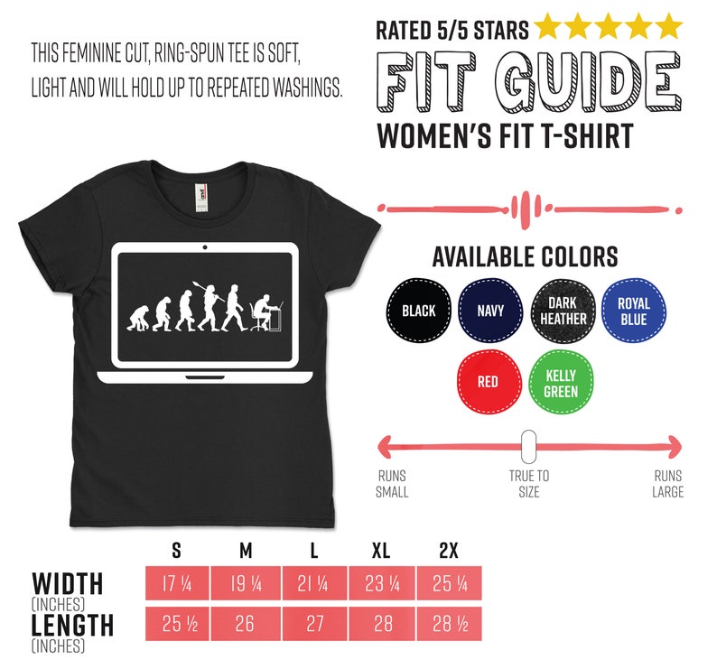 May include: Black women's fit t-shirt with a white graphic of human evolution inside a laptop screen. The shirt includes text: "This feminine cut, ring-spun tee is soft, light and will hold up to repeated washings."