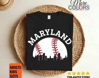 Maryland Baseball Skyline Shirt City Silhouette Sports Fan Gift Adults Kids Unisex Tee