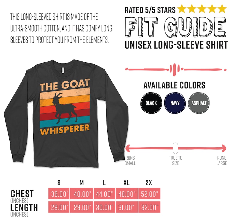 Puede incluir: Camiseta unisex de manga larga gris oscuro con el texto "THE GOAT WHISPERER" y una silueta de cabra. La camiseta tiene un dise&ntilde;o retro de puesta de sol. Disponible en negro, azul marino y asfalto. Tallas de pecho de 91cm a 132cm.