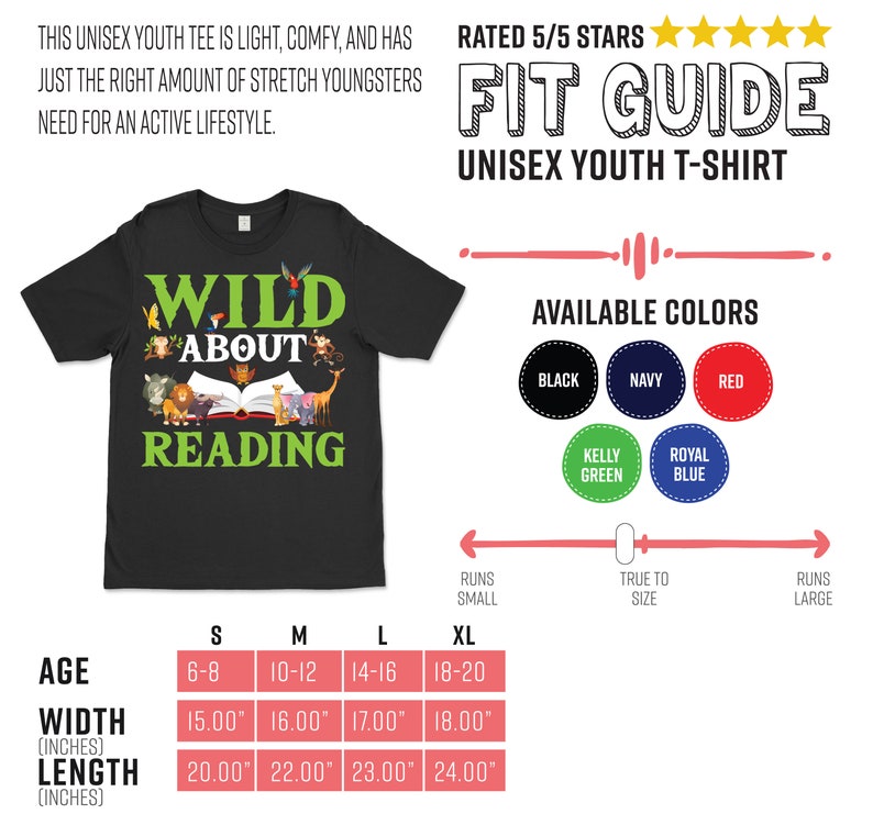 Puede incluir: Camiseta negra unisex para j&oacute;venes con un gr&aacute;fico de un libro y animales con el texto "Wild About Reading". La tabla de tallas muestra la edad, el ancho en pulgadas y la longitud en pulgadas.