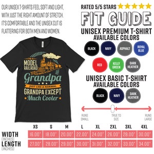 May include: Black t-shirt featuring a graphic of a model railway train and the text "I'm a Model Railroad Grandpa Just Like a Normal Grandpa Except Much Cooler". The shirt is available in a range of sizes and colours. The size chart shows the width and length of the shirt in inches.