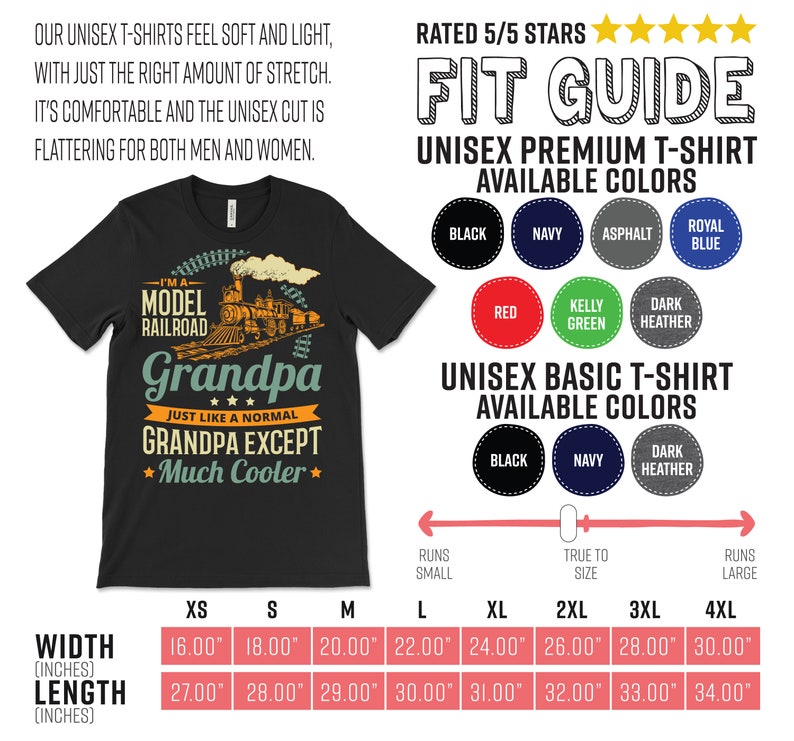 May include: Black t-shirt featuring a graphic of a model railway train and the text "I'm a Model Railroad Grandpa Just Like a Normal Grandpa Except Much Cooler". The shirt is available in a range of sizes and colours. The size chart shows the width and length of the shirt in inches.