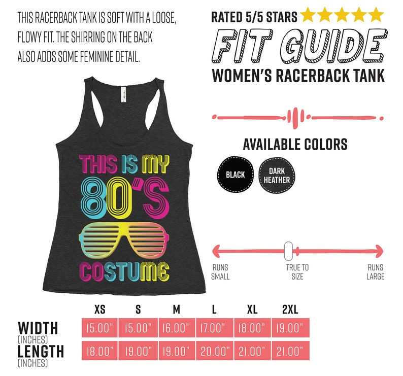 K&ouml;nnte beinhalten: Ein schwarzes Racerback-Tanktop mit dem Text "This is my 80's Costume" in bunten Buchstaben und einer Neon-Sonnenbrille. Die Gr&ouml;&szlig;entabelle zeigt die Breite und L&auml;nge in Zoll f&uuml;r die Gr&ouml;&szlig;en XS bis 2XL.
