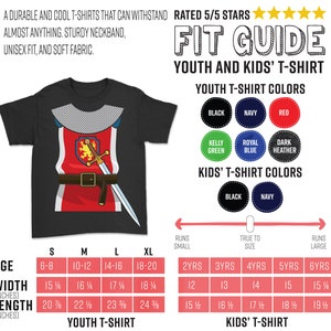 May include: A size chart for youth and kids' t-shirts. The chart shows the age range, width in inches, length in inches, and corresponding sizes for youth and kids' t-shirts. The chart also shows the color options for youth and kids' t-shirts.