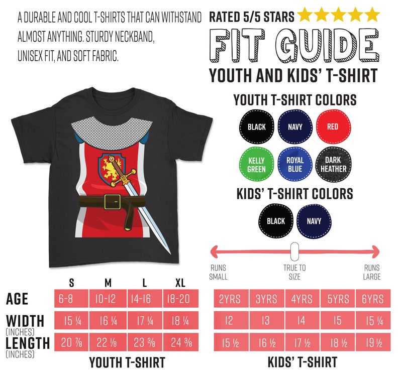 May include: A size chart for youth and kids' t-shirts. The chart shows the age range, width in inches, length in inches, and corresponding sizes for youth and kids' t-shirts. The chart also shows the color options for youth and kids' t-shirts.