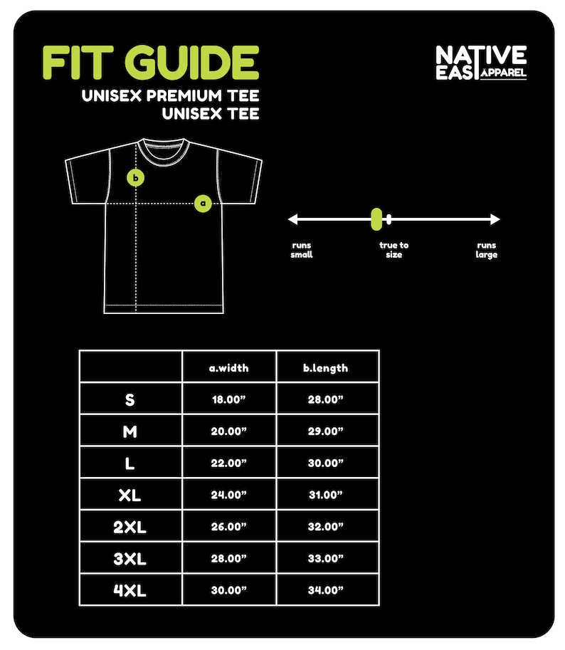 Puede incluir: Una tabla de tallas para una camiseta unisex. La tabla muestra el ancho y la longitud de la camiseta en pulgadas para las tallas S a 4XL.
