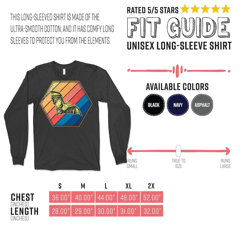 May include: Dark gray unisex long-sleeve shirt with a bat graphic inside a retro-style hexagon. The shirt has long sleeves and is made of ultra-smooth cotton. Available in black, navy, and asphalt. Chest sizes range from 36" to 52".