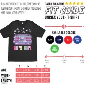 May include: Black unisex youth t-shirt with a colorful 90's girl boombox graphic. The shirt is available in multiple colors and sizes, with measurements in inches. The tee is light, comfy, and has the right amount of stretch for an active lifestyle.