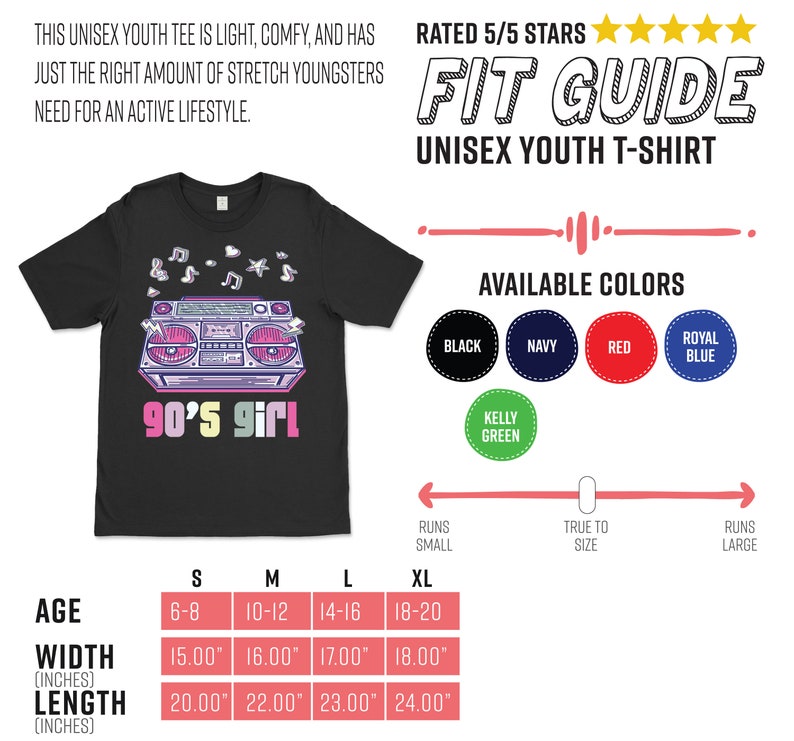 May include: Black unisex youth t-shirt with a colorful 90's girl boombox graphic. The shirt is available in multiple colors and sizes, with measurements in inches. The tee is light, comfy, and has the right amount of stretch for an active lifestyle.