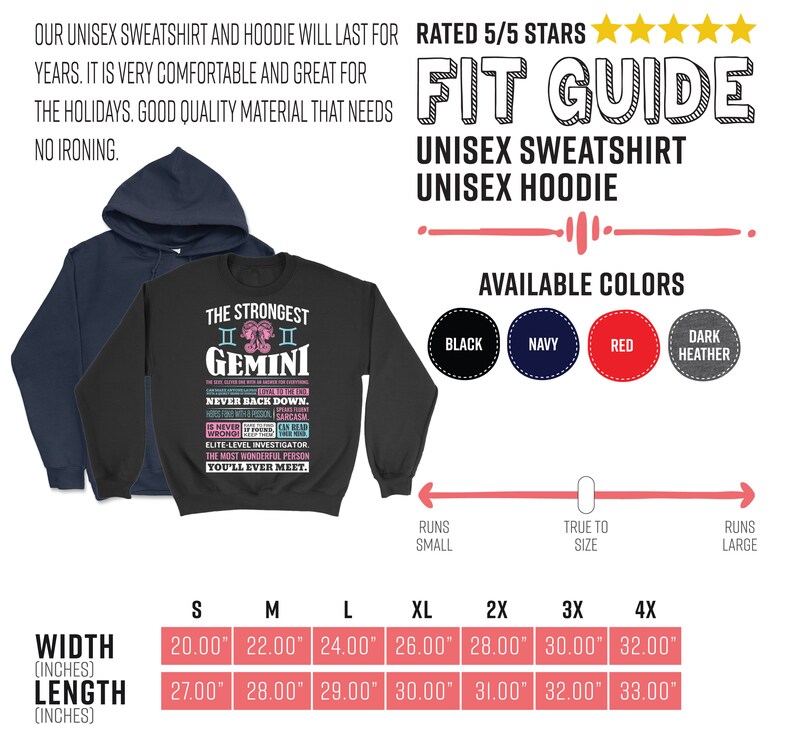 May include: A black unisex sweatshirt with a graphic print of the zodiac sign Gemini. The text reads "The Strongest Gemini Never Back Down." The sweatshirt is available in black, navy, red, and dark heather. The size chart shows the width and length in inches for sizes S through 4X.