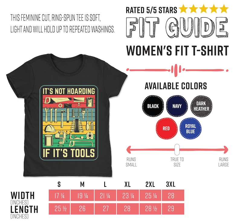May include: A black t-shirt with a vintage-style graphic that says "It's not hoarding if it's tools". The graphic features a variety of tools in a rainbow of colors. The t-shirt is available in sizes S-3XL and in a variety of colors, including black, navy, dark heather, red, and royal blue.