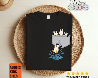 Penguin Faux Pocket Shirt, Cute Cartoon Bird Squad Tee, Funny Animal Lover Gift, Water Splash Print, Aquarium Visit Wildlife Birthday Outfit