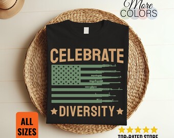 Celebrate Diversity T-Shirt Funny Guns USA Flag Second Amendment Firearm Rights Patriotic Tee