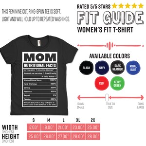 May include: Black women's fit t-shirt with a white graphic that reads "MOM NUTRITIONAL FACTS." The graphic lists values for Unconditional Love, Hard Working, Caring, Patience, Regret, and Passion. Available in multiple colors and sizes.