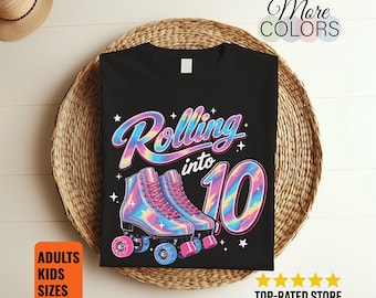 Rolling Into 10 Years Let's Roll I'm Turning 10 Roller Skate T-Shirt Birthday Party Girl Boy Skating Gift Retro Celebration