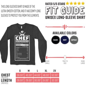 May include: Black long-sleeved unisex shirt with a "CHEF Nutrition Facts" graphic. The graphic lists ingredients like creativity, caffeine, and sarcasm. Available in black, navy, and asphalt. Chest sizes range from 91cm to 132cm.