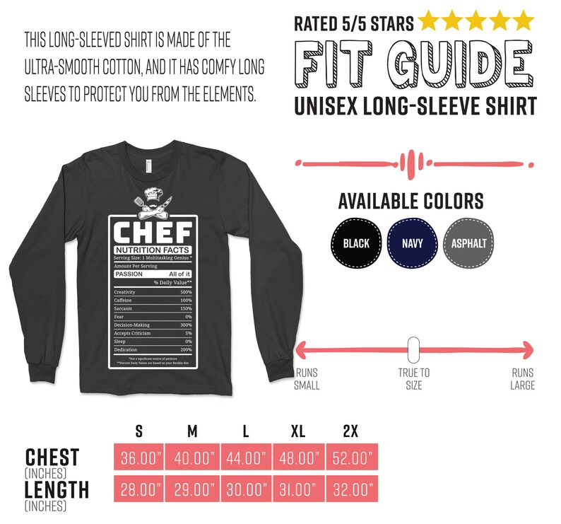 May include: Black long-sleeved unisex shirt with a "CHEF Nutrition Facts" graphic. The graphic lists ingredients like creativity, caffeine, and sarcasm. Available in black, navy, and asphalt. Chest sizes range from 91cm to 132cm.