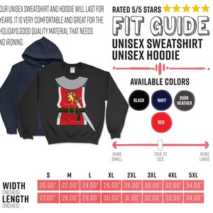 May include: Fit guide for a unisex sweatshirt and hoodie. The size chart shows width and length measurements in inches for sizes S through 5XL. Available colors include black, navy, dark heather, and red.