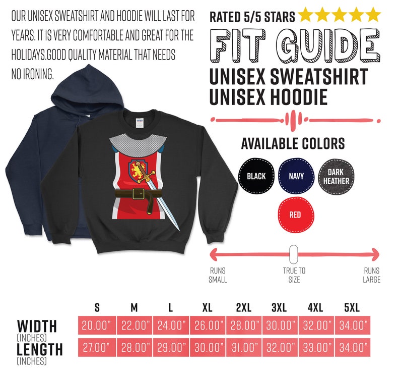 May include: Fit guide for a unisex sweatshirt and hoodie. The size chart shows width and length measurements in inches for sizes S through 5XL. Available colors include black, navy, dark heather, and red.