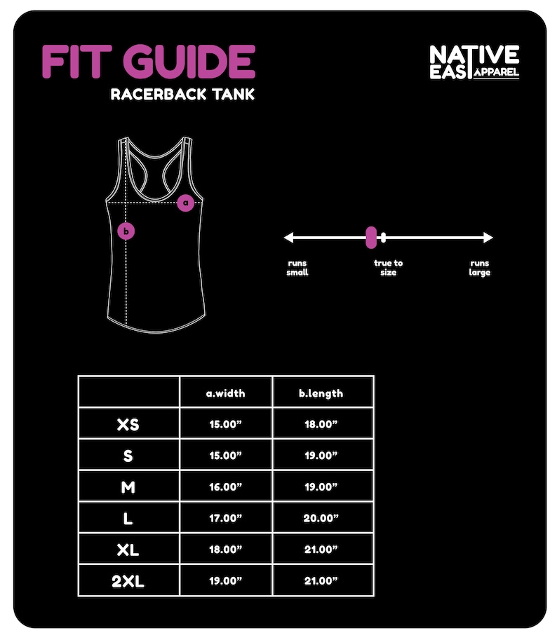 May include: A black graphic showing a fit guide for a racerback tank top. The guide includes measurements for width and length in inches for sizes XS to 2XL. The text "FIT GUIDE RACERBACK TANK" is in pink, and the Native Eas Apparel logo is in white.