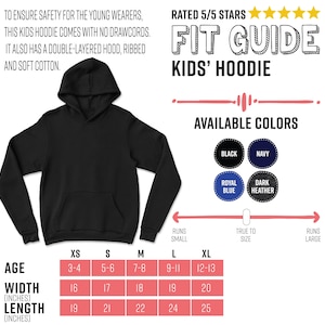 May include: Black kids' hoodie with a double-layered hood and ribbed, soft cotton. The image includes a fit guide, available colors (black, navy, royal blue, dark heather), and size chart with measurements in inches: width 16-20 inches, length 19-25 inches.