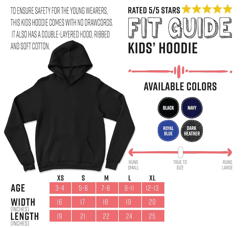May include: Black kids' hoodie with a double-layered hood and ribbed, soft cotton. The image includes a fit guide, available colors (black, navy, royal blue, dark heather), and size chart with measurements in inches: width 16-20 inches, length 19-25 inches.