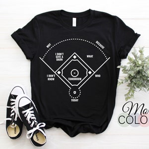 Könnte beinhalten: Schwarzes T-Shirt mit einem weißen Baseballfeld-Motiv. Das Motiv enthält die Wörter "Why", "I don't know", "Tomorrow", "Who", "What", "Because", "I don't give a darn", und "Today".