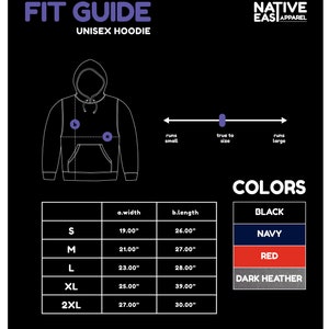 Puede incluir: Gr&aacute;fico negro que muestra una gu&iacute;a de tallas para una sudadera con capucha unisex. La gu&iacute;a incluye medidas en pulgadas para las tallas S a 2XL, y una tabla de colores con opciones en negro, azul marino, rojo y gris oscuro. El texto "FIT GUIDE" est&aacute; en la parte superior.
