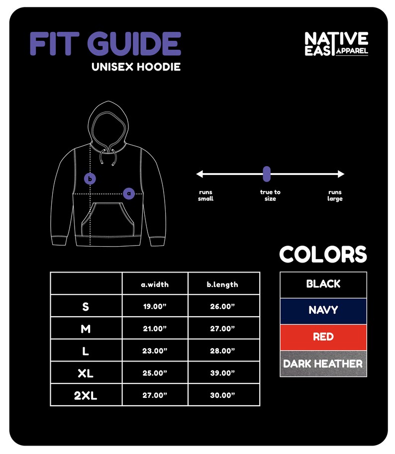 Puede incluir: Gr&aacute;fico negro que muestra una gu&iacute;a de tallas para una sudadera con capucha unisex. La gu&iacute;a incluye medidas en pulgadas para las tallas S a 2XL, y una tabla de colores con opciones en negro, azul marino, rojo y gris oscuro. El texto "FIT GUIDE" est&aacute; en la parte superior.