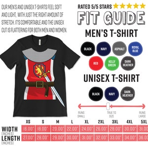 May include: A size chart for men's and unisex t-shirts. The chart shows the width and length in inches for each size, from XS to 5XL. The chart also includes information about how the shirts fit, such as whether they run small, true to size, or large.