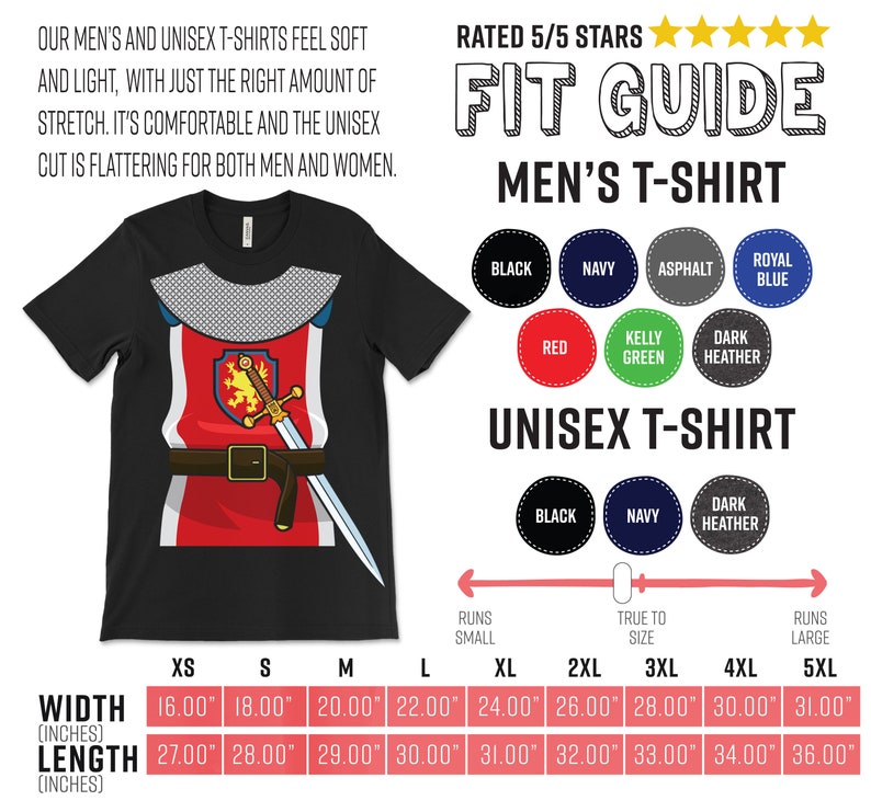 May include: A size chart for men's and unisex t-shirts. The chart shows the width and length in inches for each size, from XS to 5XL. The chart also includes information about how the shirts fit, such as whether they run small, true to size, or large.