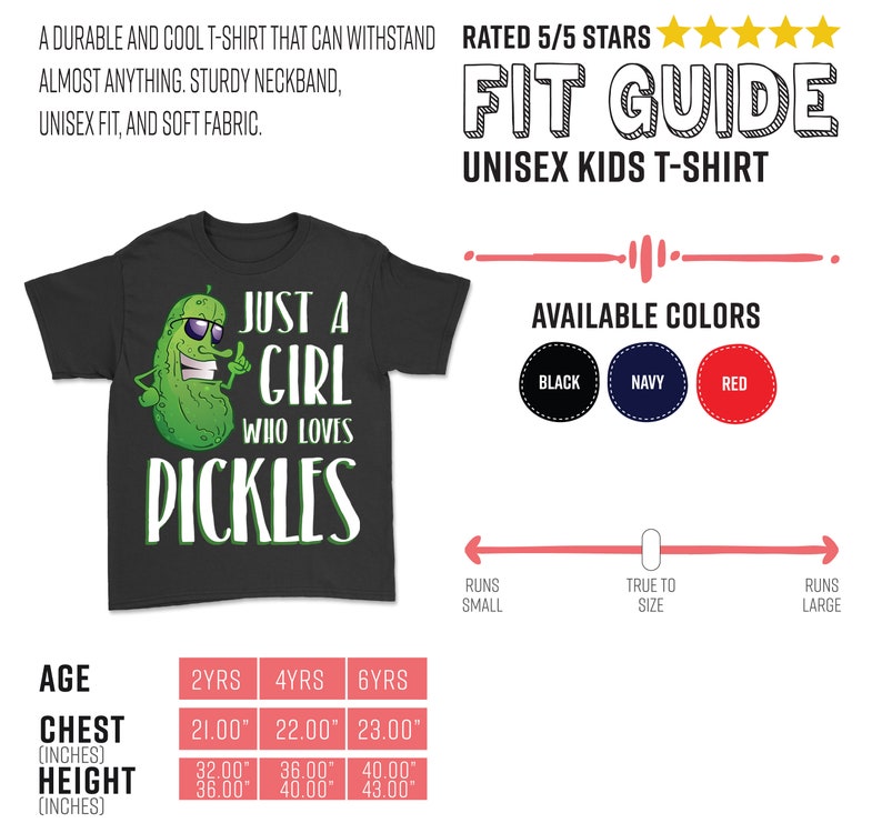Może przedstawiać: Czarny T-shirt z zielonym og&oacute;rkiem i napisem "Just a girl who loves pickles". Koszulka dostępna jest w kolorze czarnym, granatowym i czerwonym. Tabela rozmiar&oacute;w pokazuje wymiary klatki piersiowej i wzrostu w calach dla wieku 2, 4 i 6 lat.