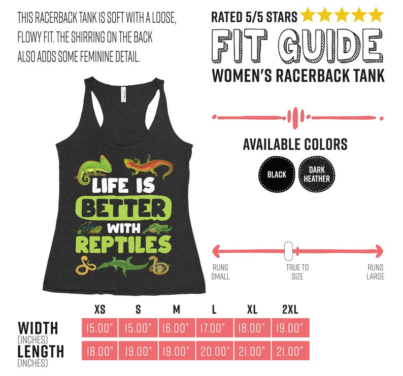 以下が含まれることがあります： 「Life is Better with Reptiles」の文字と爬虫類のイラストが描かれた、ダークヘザーのレーサーバックタンクトップ。 黒とダークヘザーで利用可能。 幅は38.1cmから48.3cm、長さは45.7cmから53.3cmです。