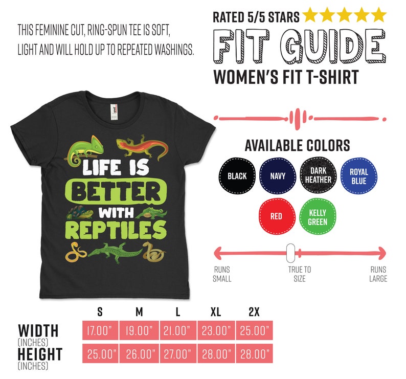 以下が含まれることがあります： 「LIFE IS BETTER WITH REPTILES」の文字と爬虫類のイラストが描かれた黒色の女性用Tシャツ。複数の色で利用可能。幅は43.18cmから63.5cm、高さは63.5cmから71.12cmです。