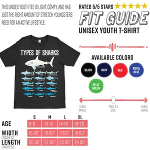 Pu&ograve; includere: T-shirt nero unisex per ragazzi con grafica di squali e la scritta "TYPES OF SHARKS". Il design presenta diverse specie di squali, tra cui il Megalodonte. Disponibile in vari colori e taglie, con larghezze da 38,1 cm a 45,7 cm e lunghezze da 50,8 cm a 61 cm.