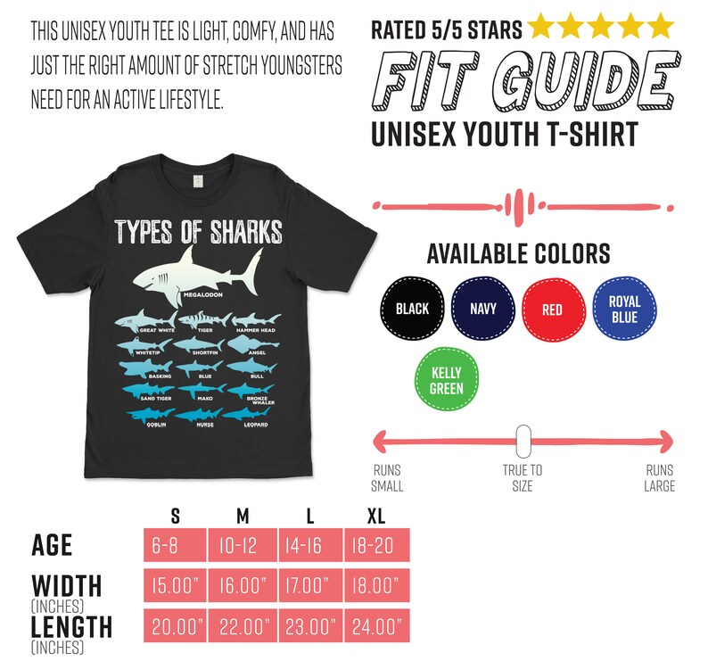 Pu&ograve; includere: T-shirt nero unisex per ragazzi con grafica di squali e la scritta "TYPES OF SHARKS". Il design presenta diverse specie di squali, tra cui il Megalodonte. Disponibile in vari colori e taglie, con larghezze da 38,1 cm a 45,7 cm e lunghezze da 50,8 cm a 61 cm.