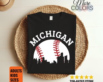 Michigan Baseball Skyline Shirt City Silhouette Sports Fan Gift Adults Kids Unisex Tee