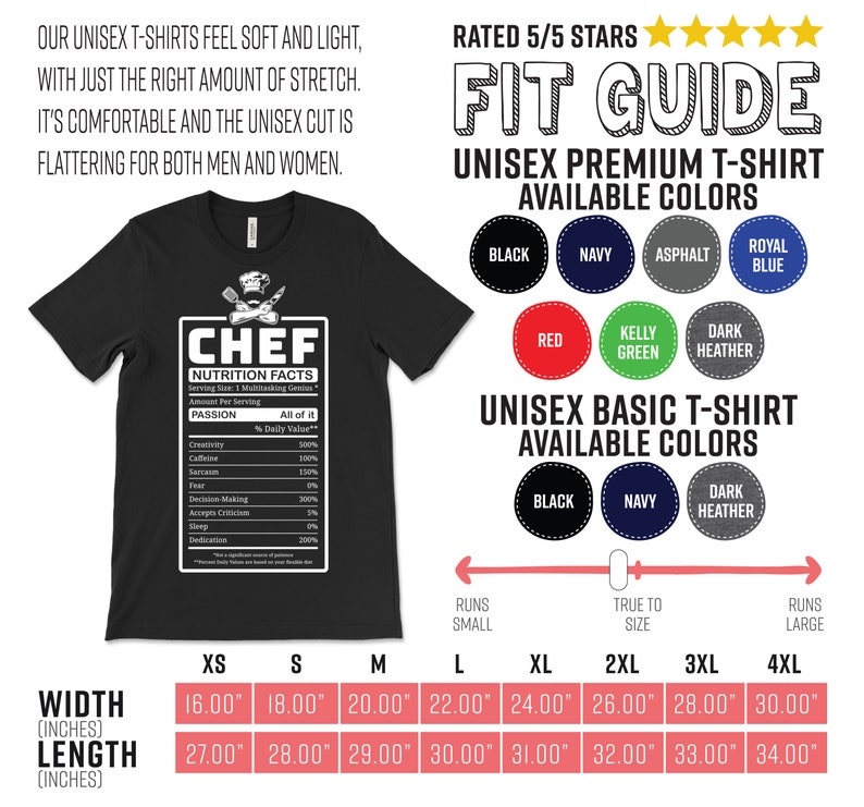 May include: Black unisex t-shirt with a "CHEF Nutrition Facts" graphic. The graphic lists the daily values of creativity, caffeine, sarcasm, fear, decision-making, accepts criticism, sleep, and dedication. Available in multiple colours and sizes, with width measurements from 40.6 cm to 76.2 cm and length from 68.6 cm to 86.4 cm.