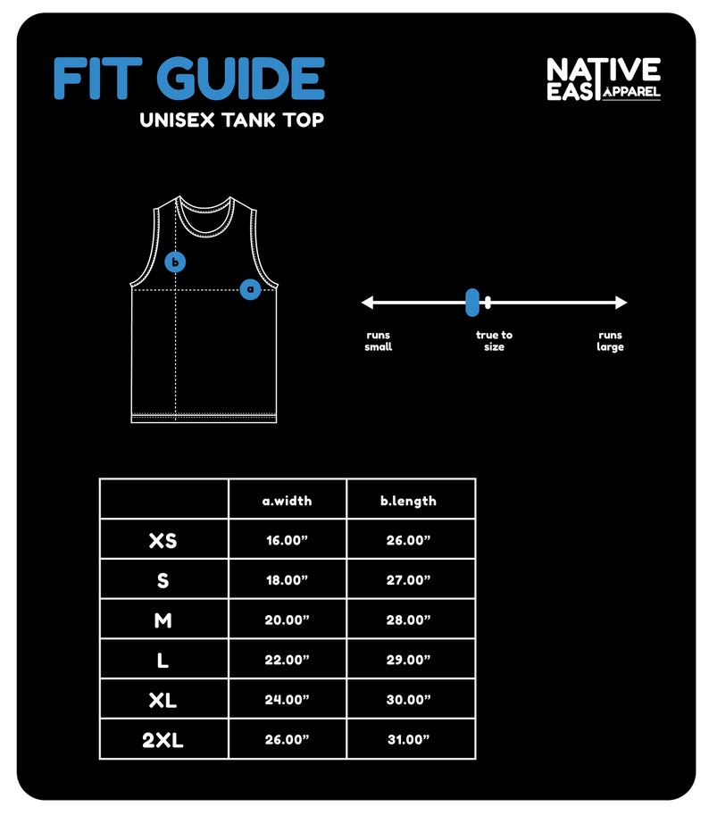 Puede incluir: Tabla de tallas para un tanque unisex con medidas en pulgadas. La tabla muestra el ancho y la longitud del tanque en las tallas XS, S, M, L, XL y 2XL.