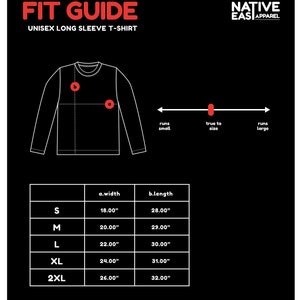 Puede incluir: Tabla de tallas para una camiseta de manga larga unisex. La tabla muestra las medidas de ancho y largo en pulgadas para las tallas S, M, L, XL y 2XL.