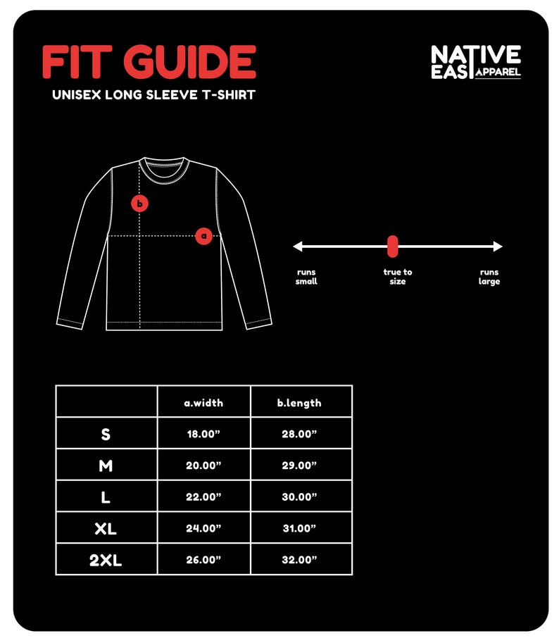 Puede incluir: Tabla de tallas para una camiseta de manga larga unisex. La tabla muestra las medidas de ancho y largo en pulgadas para las tallas S, M, L, XL y 2XL.